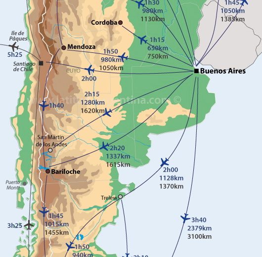 carte des vols et des distances en Argentine