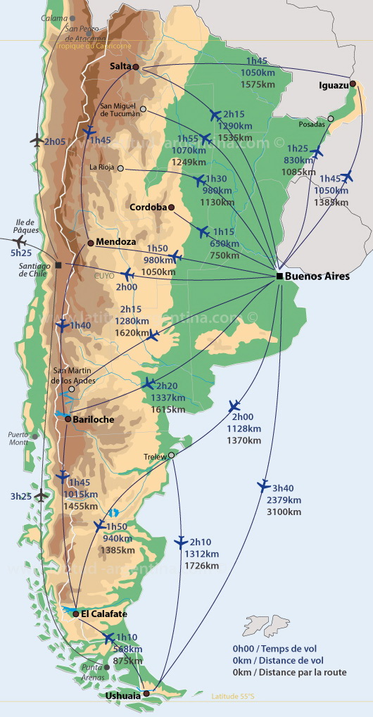 carte des vols et des distances en Argentine