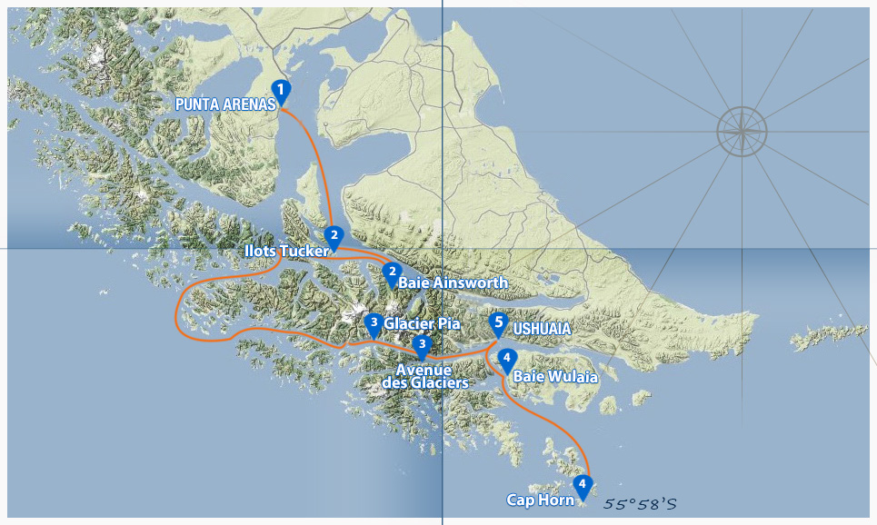 carte de la croisiere australis de Punta Arenas à Ushuaia
