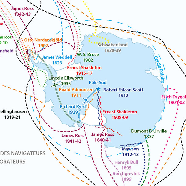 carte de l'Antarctique avec les routes des explorateurs