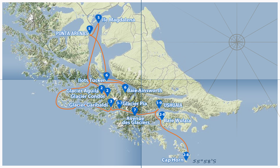 carte itinéraire australis route de darwin au départ de Ushuaia