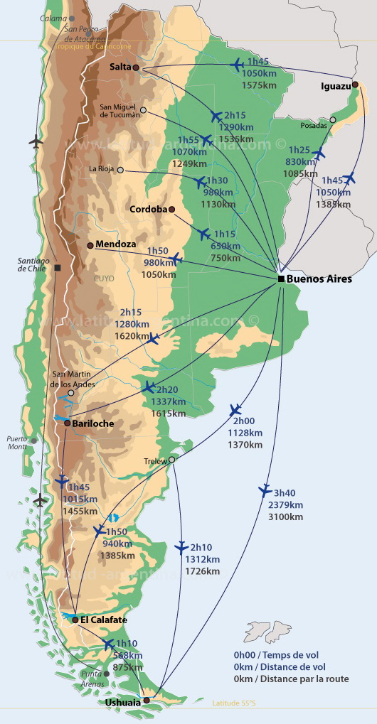 Carte d'Argentine Vols et Distances