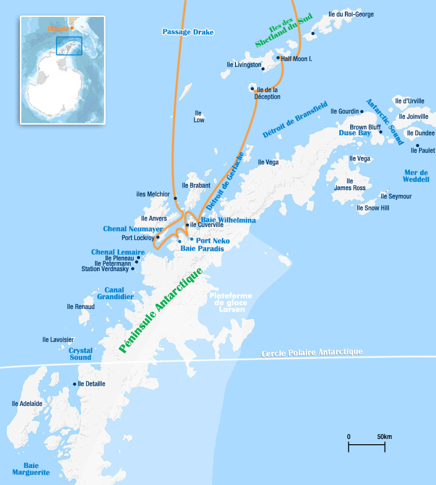 carte de la croisière antarctique du bateau Sea Spirit de 12 jours