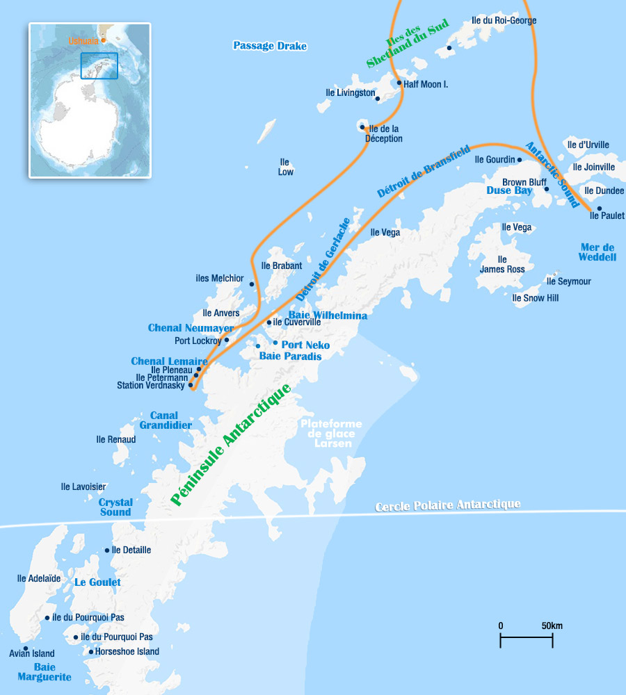 carte de l'itinéraire du Ushuaia en Antarctique