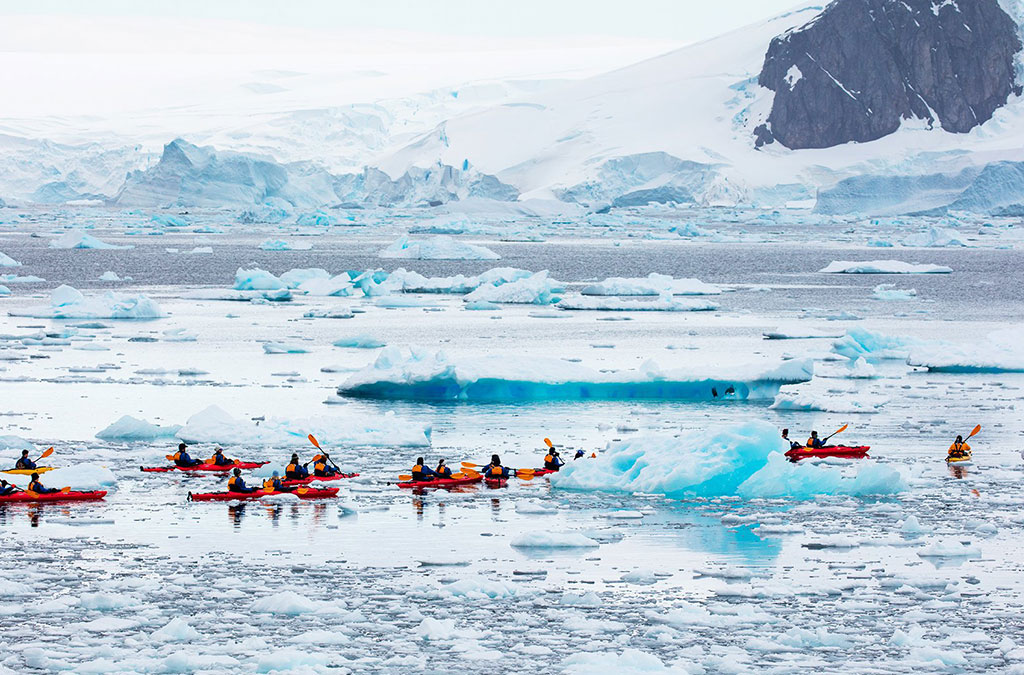 un groupe de kayak dans les eaux glacés de l'antarctique