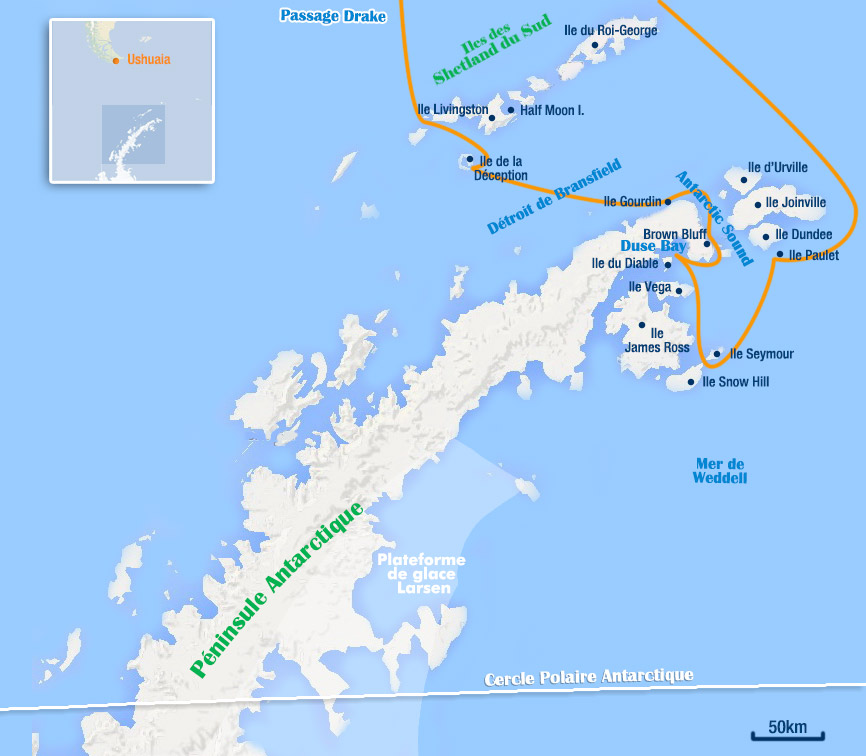 carte de la croisière en mer de weddell pour les manchots empereur