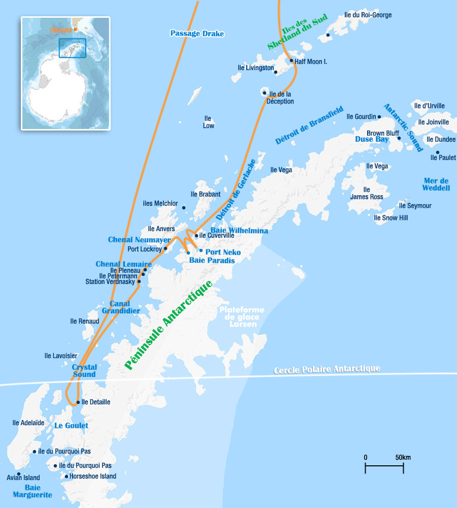 carte de la croisière antarctique au cercle polaire sur le Sea Spirit