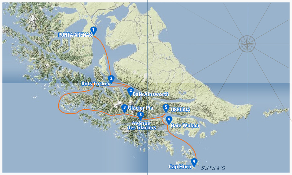 Carte de la Croisière Australis Punta Arenas Ushuaia