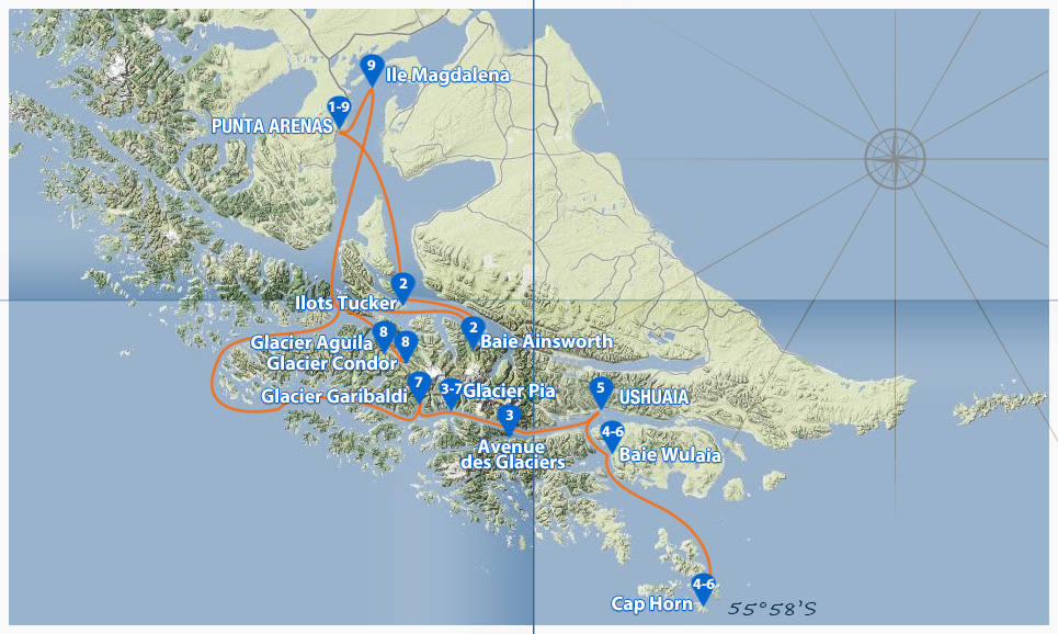 carte itinéraire australis route de darwin au départ de Punta Arenas