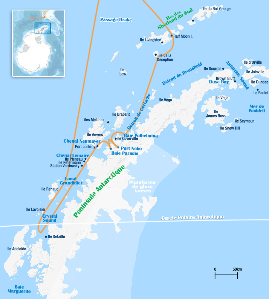 Carte de la croisière du Ushuaia jusqu'au cercle polaire