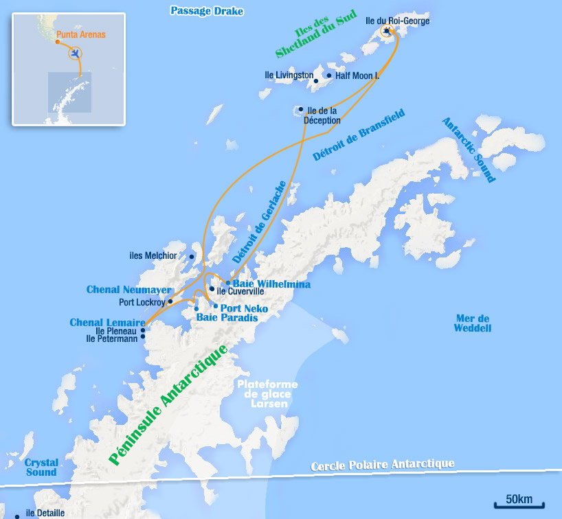 carte de l'aéro croisière antarctique