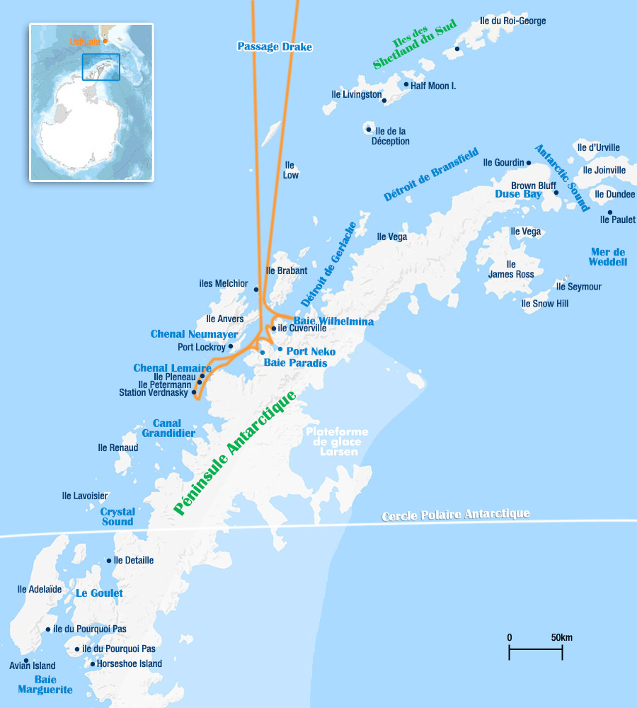 carte de la croisière antarctique pour voir les baleines