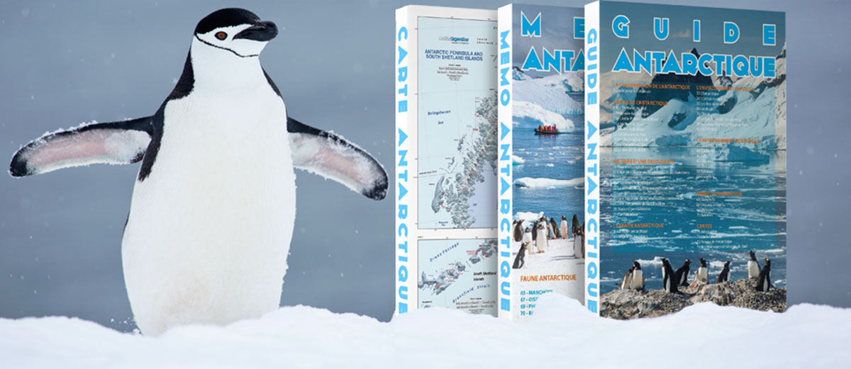 Guide voyage antarctique en couverture avec un manchot sur la neige