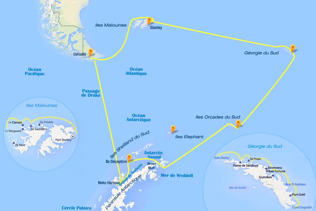 Carte de l'itinéraire de la croisière aux Malouines Géorgie du Sud et Antarctique