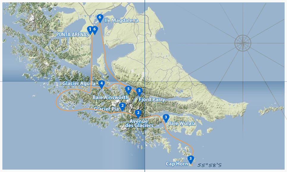 Carte de la Croisière Australis Punta Arenas Cap Horn et glacier