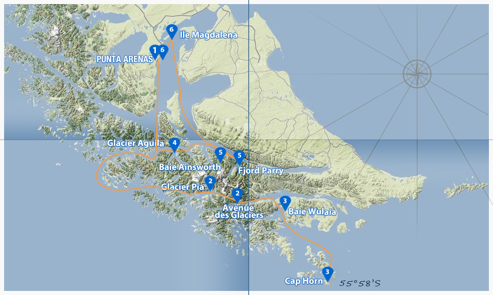 Carte de la Croisière Australis Punta Arenas Cap Horn et glacier