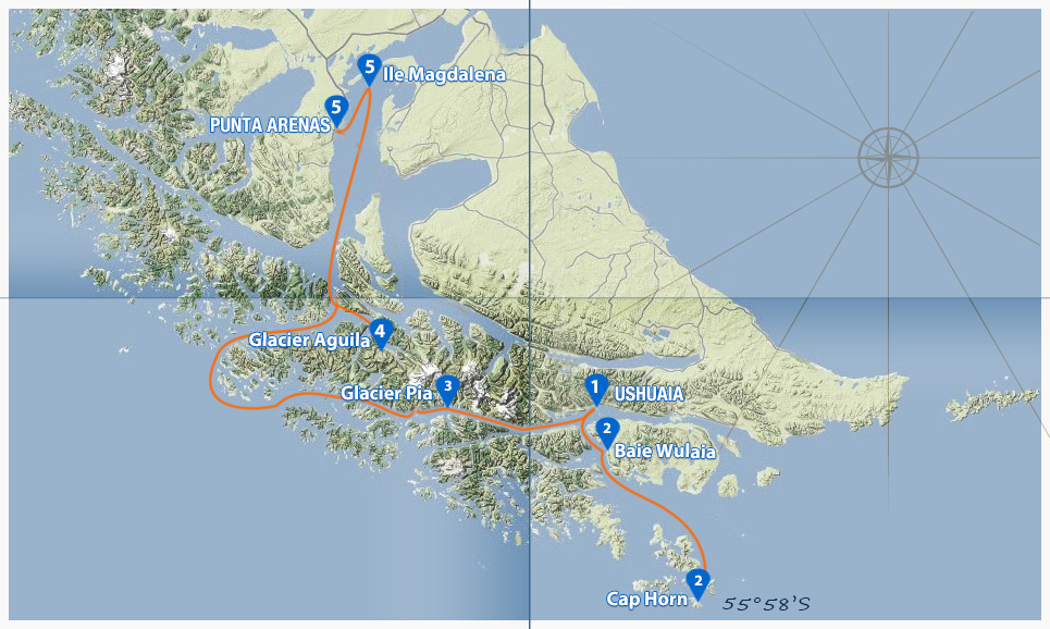 carte de la croisiere australis de ushuaia à punta arenas