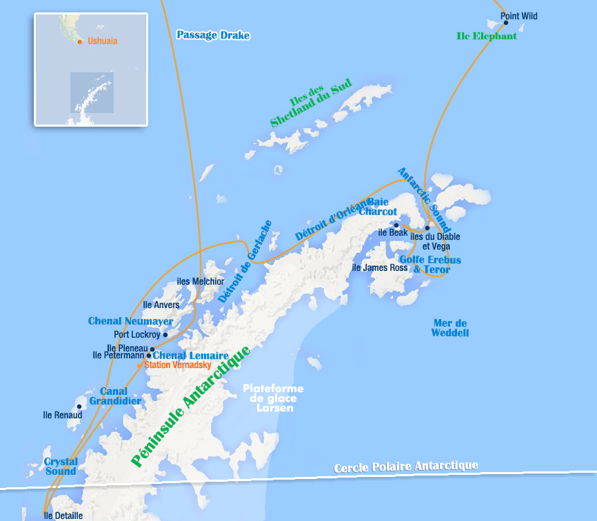 carte de la croisiere ile elephant mer de weddel et cercle polaire en 15 jours