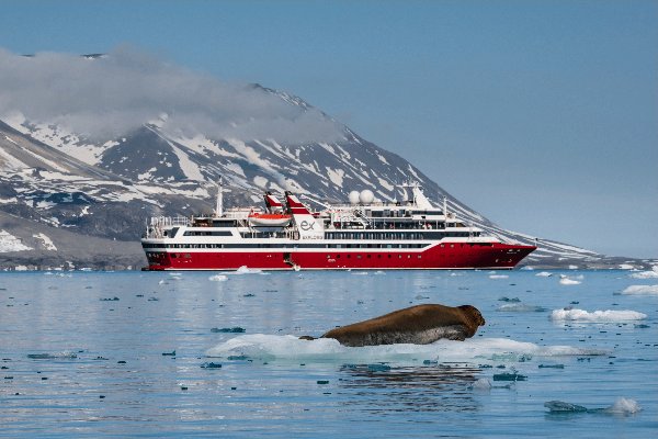 un veu de mer sur un glaçon avec le bateau Exploris One en fond