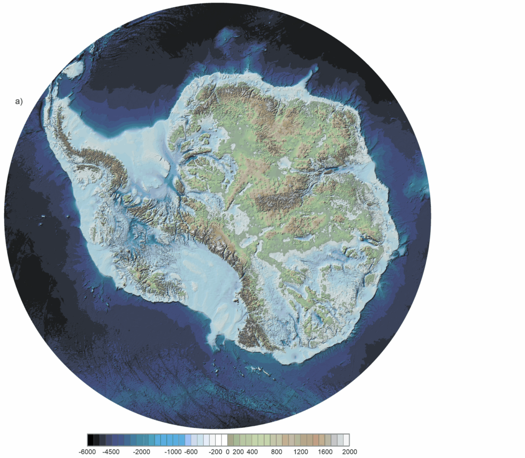 carte de l'antarctique sans la glace bedmap3